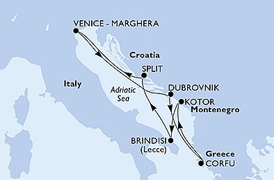 Chorvatsko, Itálie, Řecko, Černá Hora ze Splitu na lodi MSC Armonia