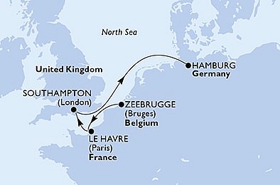 Belgie, Francie, Velká Británie, Německo ze Zeebrugge na lodi MSC Preziosa, plavba s bonusem