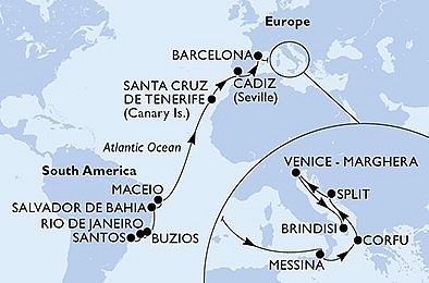 Brazílie, Španělsko, Itálie, Řecko, Chorvatsko ze Santosu na lodi MSC Armonia