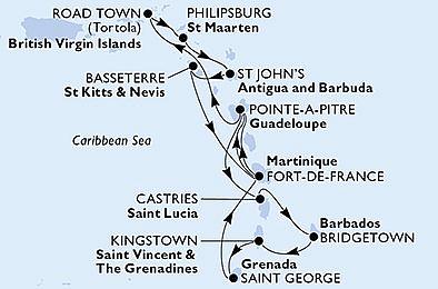 Barbados, Britské Panenské ostrovy, Svatý Martin, Antigua a Barbuda, Svatý Kryštof a Nevis, Svatá Lucie z Bridgetownu na lodi MSC Virtuosa