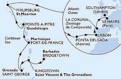 Barbados, Svatý Vincenc a Grenadiny, Portugalsko, Španělsko, Francie, Velká Británie z Bridgetownu na lodi MSC Virtuosa