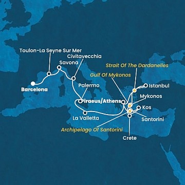 Španělsko, Francie, Itálie, Malta, Řecko, , Turecko z Barcelony na lodi Costa Fortuna