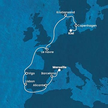 Německo, Dánsko, Norsko, Francie, Španělsko, Portugalsko z Kielu na lodi Costa Diadema