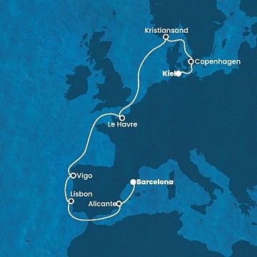 Německo, Dánsko, Norsko, Francie, Španělsko, Portugalsko z Kielu na lodi Costa Diadema