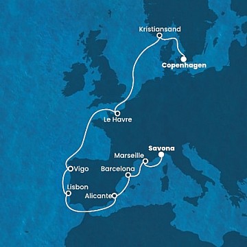 Dánsko, Norsko, Francie, Španělsko, Portugalsko, Itálie z Kodaně na lodi Costa Diadema