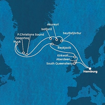 Německo, Island, Autonomní oblast Dánska, Velká Británie z Hamburku na lodi Costa Favolosa