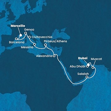 Francie, Španělsko, Itálie, Řecko, Egypt, Omán, Spojené arabské emiráty z Marseille na lodi Costa Smeralda