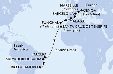 Itálie, Francie, Španělsko, Portugalsko, Brazílie z Janova na lodi MSC Grandiosa