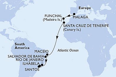Španělsko, Portugalsko, Brazílie z Málagy na lodi MSC Grandiosa, plavba s bonusem