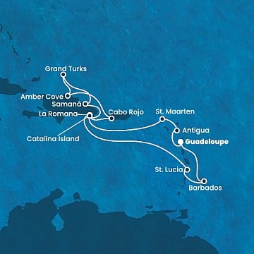 Guadeloupe, Antigua a Barbuda, Zámořské území Velké Británie, Svatá Lucie, Barbados z Pointe-à-Pitre, Guadeloupe na lodi Costa Fascinosa