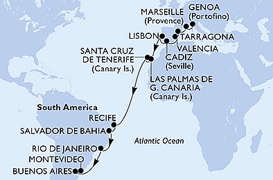 Itálie, Francie, Španělsko, Portugalsko, Brazílie, Argentina, Uruguay z Janova na lodi MSC Poesia, plavba s bonusem