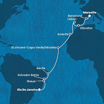Francie, Španělsko, Velká Británie, Portugalsko, Kapverdy, Brazílie z Marseille na lodi Costa Favolosa