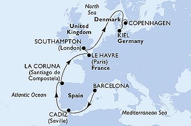 Španělsko, Francie, Velká Británie, Německo, Dánsko z Barcelony na lodi MSC Euribia, plavba s bonusem