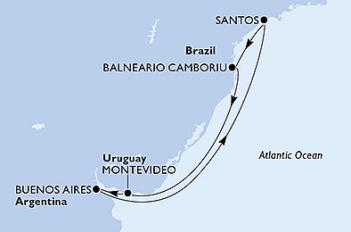 Brazílie, Uruguay, Argentina ze Santosu na lodi MSC Seaview