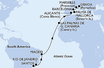 Brazílie, Španělsko, Francie, Itálie ze Santosu na lodi MSC Seaview, plavba s bonusem