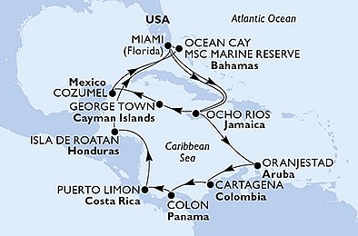 USA, Jamajka, Kajmanské o., Mexiko, Bahamy, Aruba, Kolumbie, Panama, Kostarika, Honduras z Miami na lodi MSC Divina, plavba s bonusem