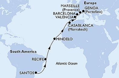 Brazílie, Kapverdy, Maroko, Španělsko, Francie, Itálie ze Santosu na lodi MSC Orchestra