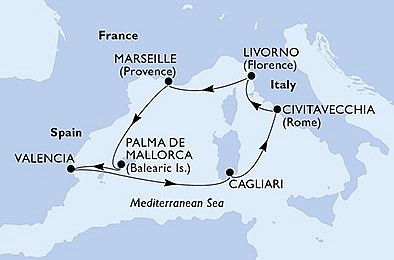 Španělsko, Itálie, Francie z Palma de Mallorca na lodi MSC Lirica