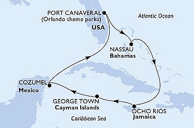 USA, Bahamy, Jamajka, Kajmanské o., Mexiko z Port Canaveralu na lodi MSC Seashore