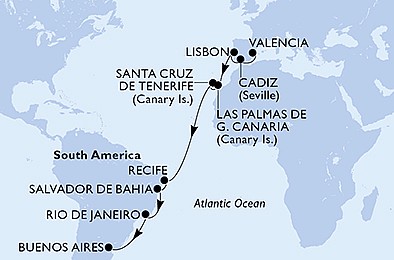 Španělsko, Portugalsko, Brazílie, Argentina z Valencie na lodi MSC Poesia