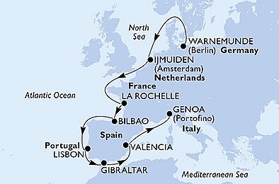 Německo, Nizozemsko, Francie, Španělsko, Portugalsko, Velká Británie, Itálie z Warnemünde na lodi MSC Poesia, plavba s bonusem