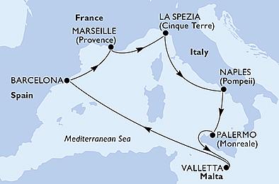 Itálie, Malta, Španělsko, Francie z La Spezie na lodi MSC Splendida